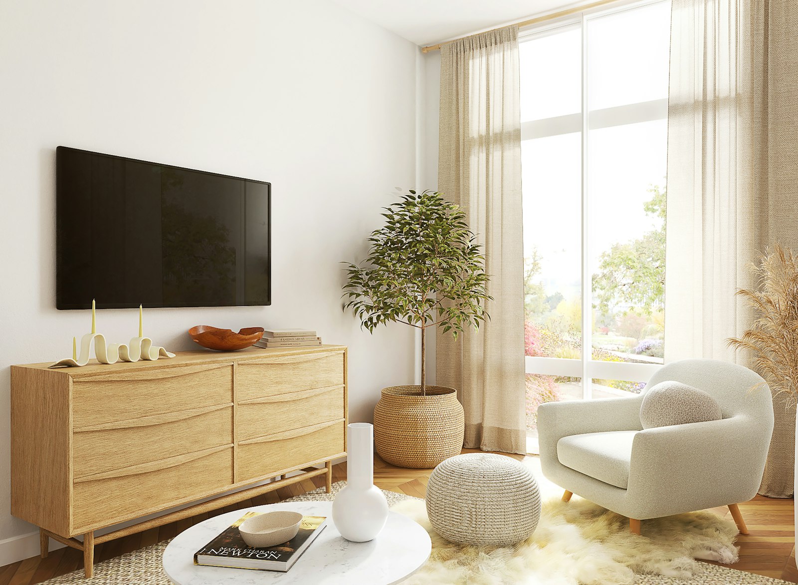 Modernes Wohnzimmer mit Fernseher an der Wand